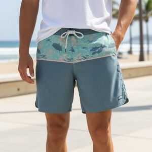 Salty Crew Mens Board Shorts Size 40 Blue Teal Fish Print Quick Dry Swim Trunks